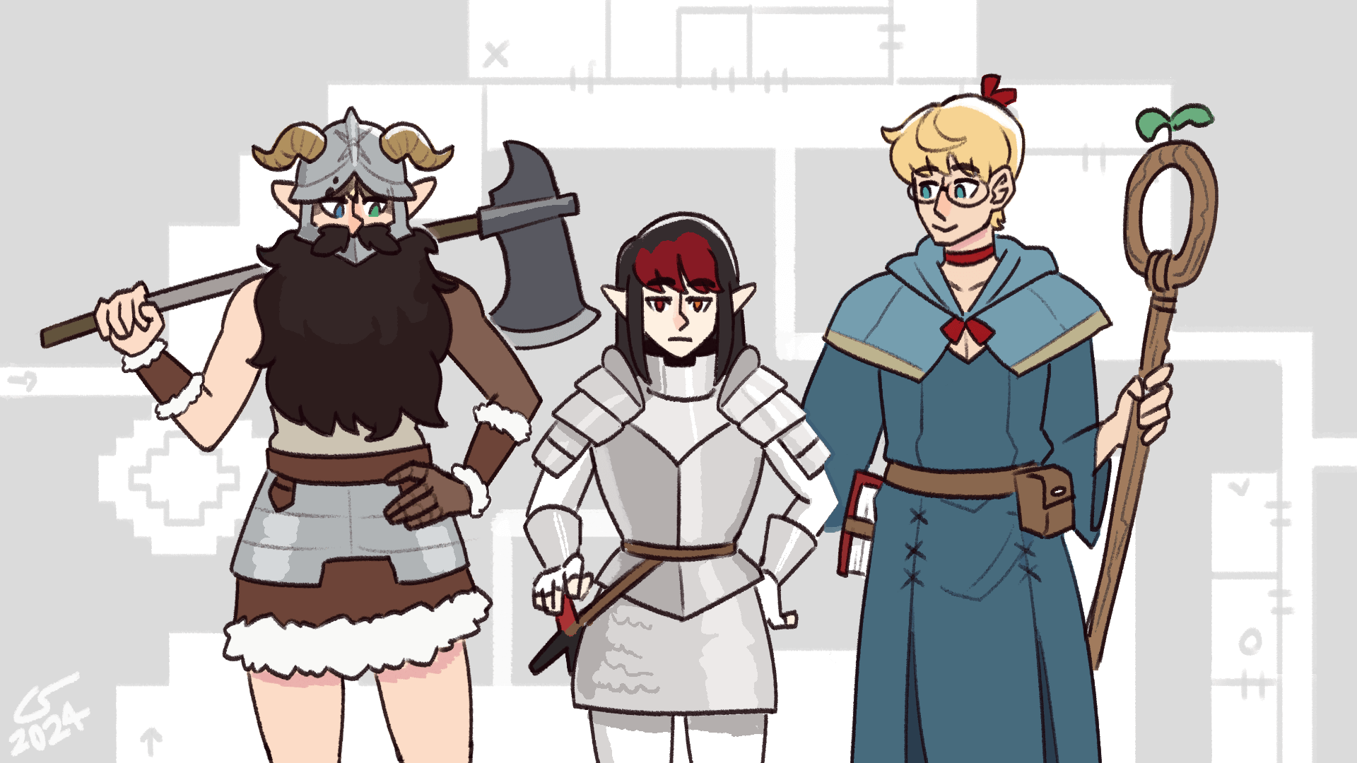 Drawing of Caelle, Vae, and Isaac dressed up as characters from Dungeon Meshi. Caelle is dressed as Senshi, Vae is dressed as Laios, and Isaac is dressed as Marcille.